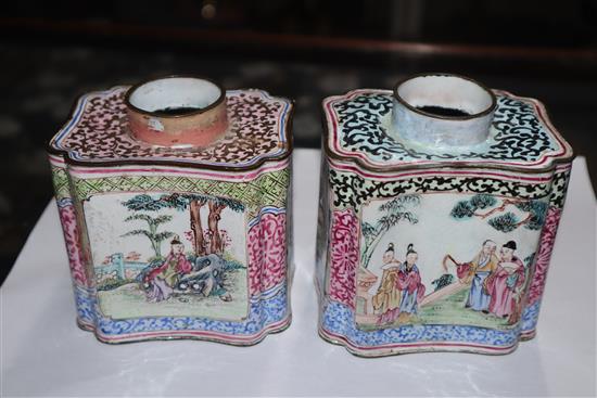 Two 18th century Canton enamel tea caddies height 10cm